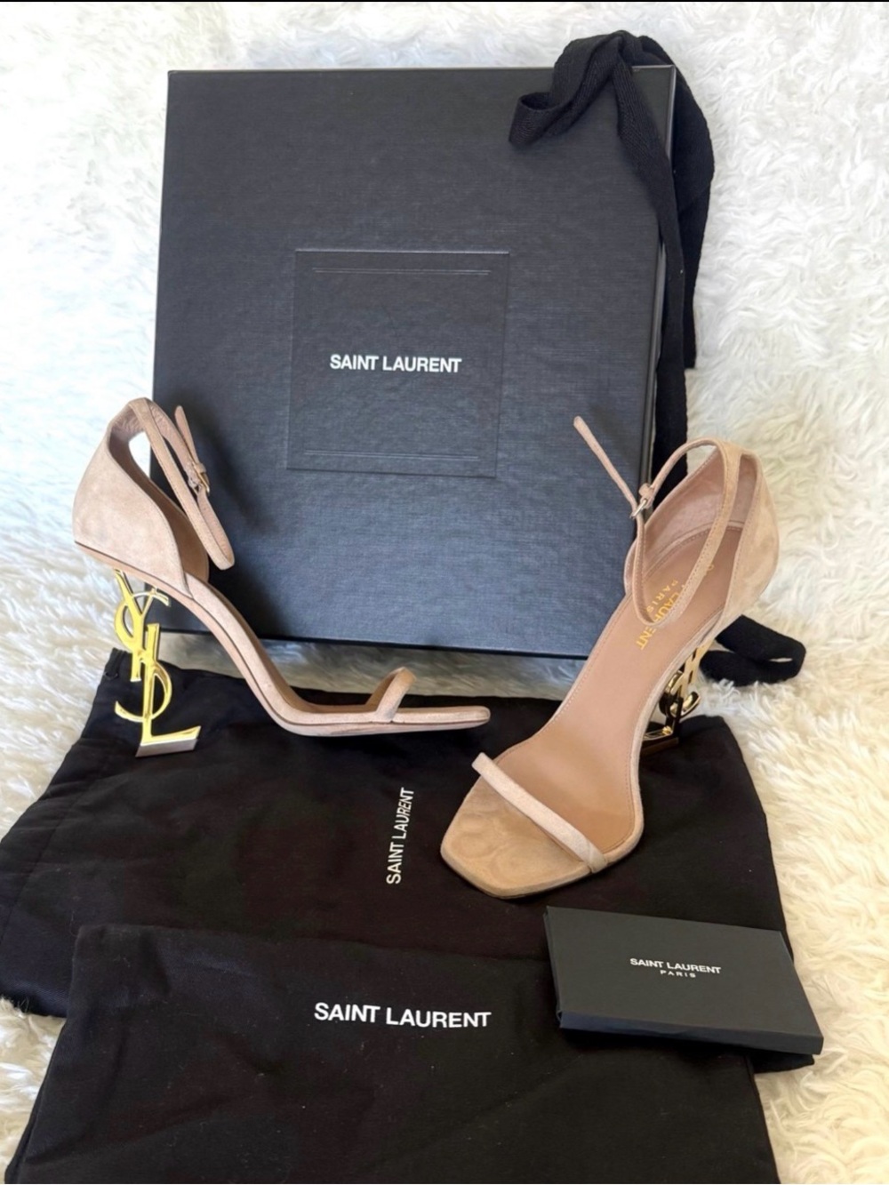 Saint Laurent Nude Suede YSL Logo Heel Sandals